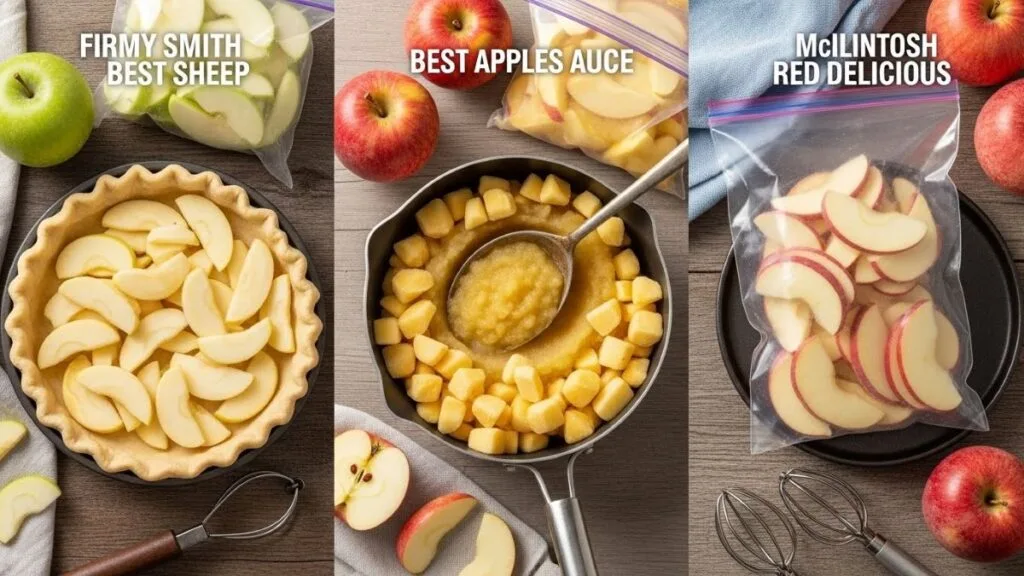 Comparison of apple varieties frozen for pie, applesauce, and baking, showing which apples hold their shape and which soften after freezing.
