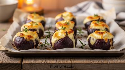 Baked figs stuffed with goat cheese ready to serve.