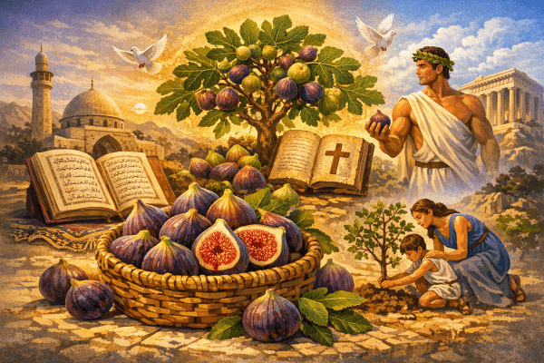 A cultural illustration showing a basket of ripe figs with a glowing fig tree, a mosque with an open Quran, a Greek athlete holding a fig, and a family planting a fig tree, symbolizing peace, health, and blessings across civilizations.