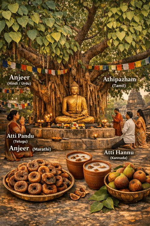 Golden Buddha statue under the sacred Bodhi fig tree at Bodh Gaya, India, with devotees praying and bowls of fresh and dried figs, showing fig names in Indian languages like Anjeer, Athipazham, Atti Pandu, and Atti Hannu.