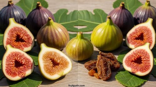 Educational display of fig flavors: fresh varieties (Black Mission jam-berry, Brown Turkey mild earthy, Kadota honey, Adriatic strawberry-like) shown whole and halved with juicy seeded interiors; dried figs chewy and intensely sweet; comparison of plump ripe, firm unripe, and mushy overripe figs; arranged on wood with natural light to highlight textures and tastes.