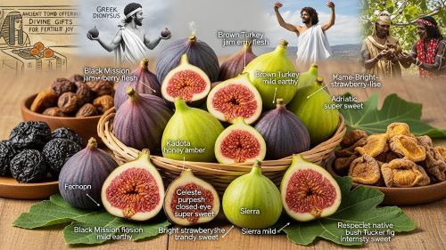 Collage overview of figs worldwide: central basket of fresh varieties (Black Mission, Brown Turkey, Kadota, Celeste, Adriatic, Sierra) whole and halved showing juicy colorful flesh and diverse flavors; dried figs nearby for intense sweetness contrast; background scenes of ancient Egyptian divine fig offerings, Greek Dionysian celebration, and Australian Aboriginal bush tucker harvesting; on wooden table with natural light.