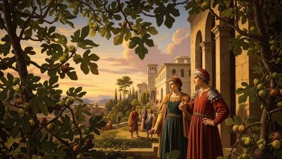 "Ancient fig cultivation in North Africa with Egyptian hieroglyphics, goddess Hathor, people harvesting figs, kings eating figs, and a traditional fig-based medicinal drink."