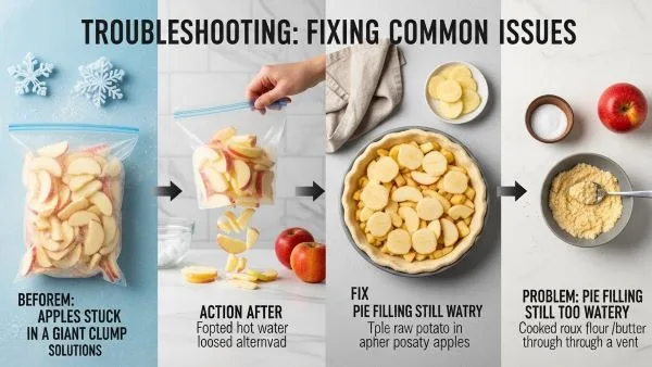 Split illustration troubleshooting frozen apple problems: breaking apart clumped frozen slices by tapping the bag, and fixing watery pie filling with thin potato slices or added roux."