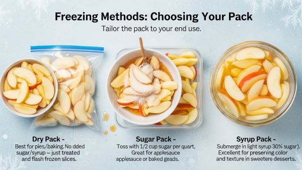"Comparison of three apple freezing methods: Dry Pack (plain slices in a freezer bag, best for baking), Sugar Pack (slices tossed with sugar), and Syrup Pack (slices submerged in light syrup). Labeled with descriptions for tailoring to end use like pies, applesauce, or desserts."