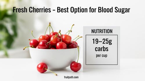 Bowl of fresh cherries with skin on and a label showing 19–25 grams of carbohydrates per cup, representing the best cherry option for blood sugar control.
