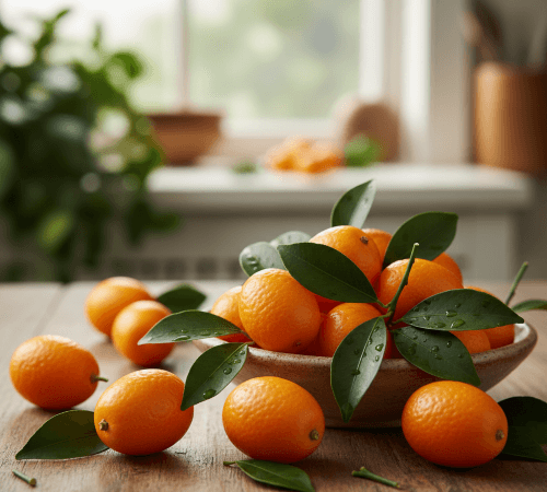 “fresh kumquats with leaves”