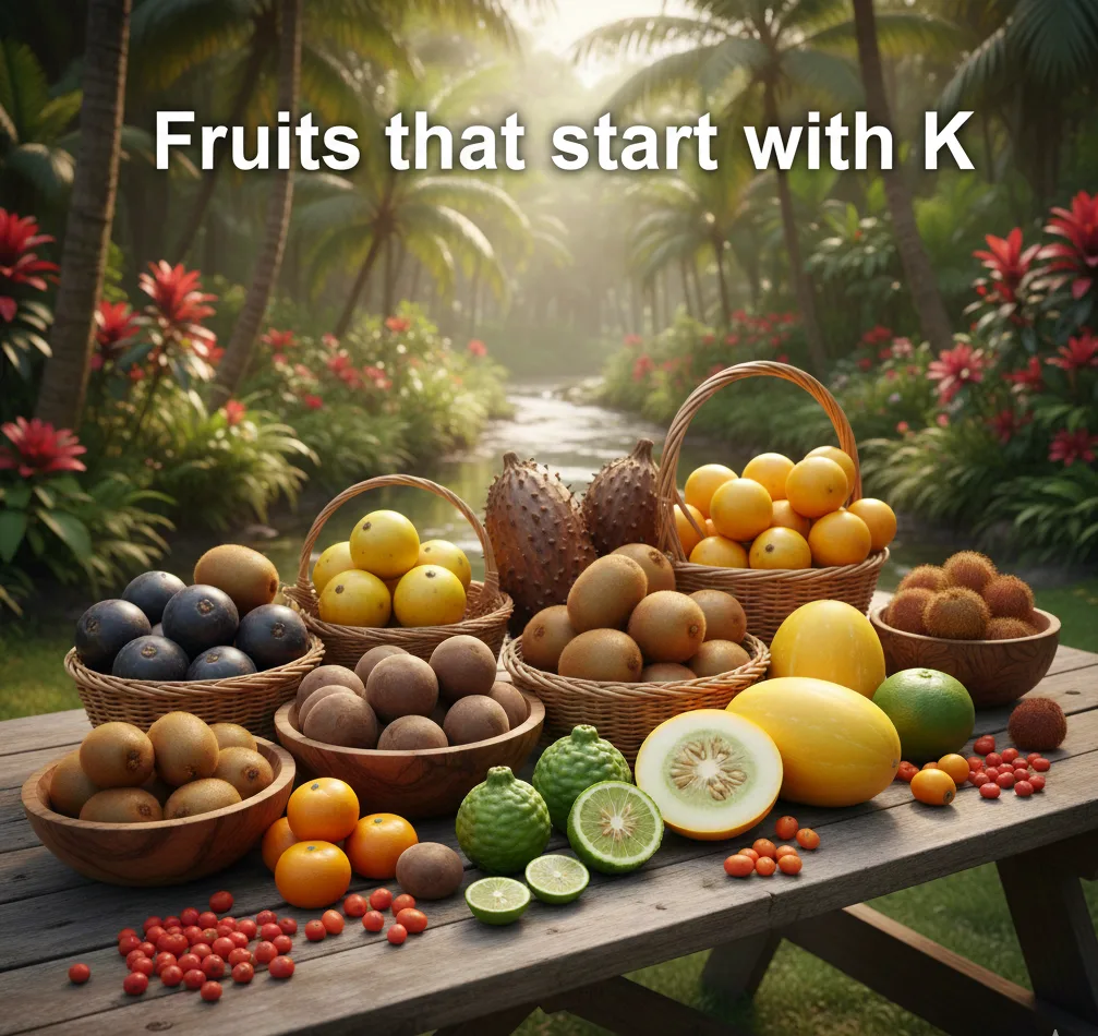 A vibrant, high-angle photograph of an assortment of exotic fruits that start with the letter 'K' displayed on a rustic wooden table outdoors. The fruits, including Kiwifruit, Kiwi Berries, Kumquats, Kakadu Plums, Kaffir Limes, and Korean Melon, are presented in wooden bowls and scattered on the table. The background is a lush, tropical garden with palm trees, flowering bushes, and a small stream, all bathed in soft, natural sunlight.