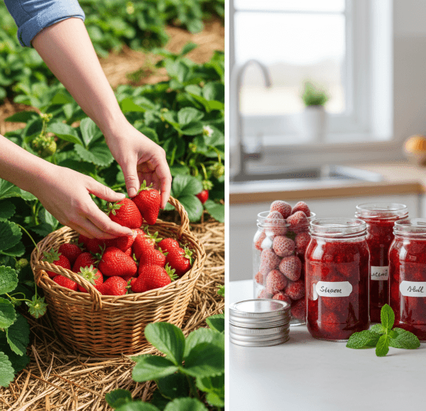 Harvesting and storing homegrown strawberries – fresh eating, freezing, and making jam
