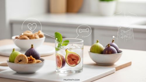 Fresh and dried figs displayed with icons showing digestion, heart, and bone health benefits.