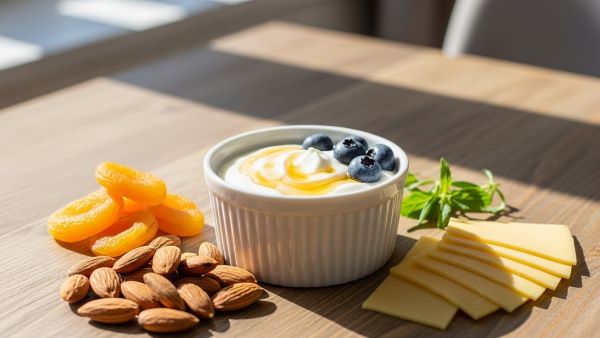 Dried apricots paired with nuts, cheese, and yogurt to help keep blood sugar levels steady.