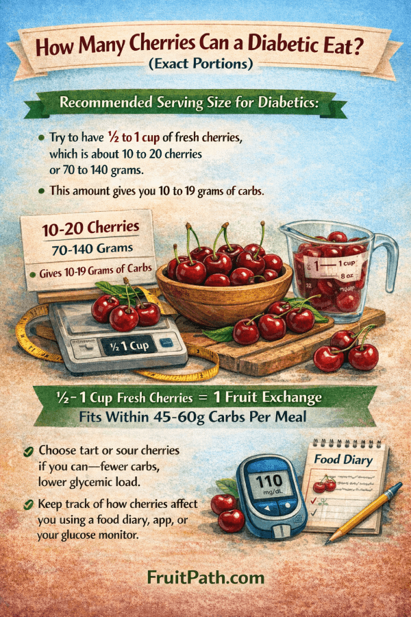 Infographic titled “How Many Cherries Can a Diabetic Eat?” showing a bowl of cherries, a measuring cup, and a kitchen scale. It recommends ½ to 1 cup of fresh cherries (10–20 cherries or 70–140 grams), providing 10–19 grams of carbs, equal to one fruit exchange and fitting within 45–60 grams of carbs per meal, with tips to choose tart cherries and track blood sugar using a glucose monitor or food diary.