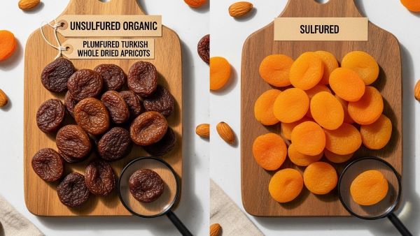 "Comparison of best dried apricots: plump unsulfured organic ones (darker brown) vs bright sulfured, highlighting quality signs like chewiness, no additives, and natural flavor"