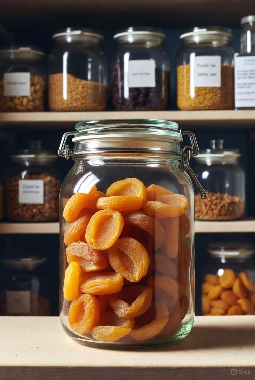 Multiple airtight glass jars of dried apricots neatly stored on pantry shelves, showing best practices for keeping dried apricot fruits fresh for months using sealed containers in a cool dark place"