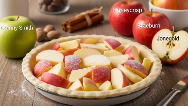 Frozen apple pie filling made with Granny Smith, Honeycrisp, Braeburn, and Jonagold apples, showing firm slices that hold their shape for baking.
