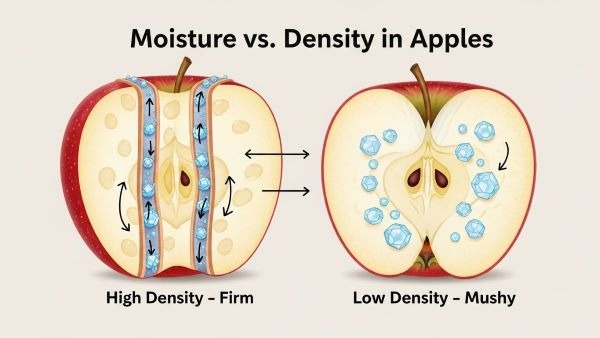 Illustration comparing a firm, dense apple with small ice crystals to a juicy, low-density apple with large ice crystals, showing why dense apples freeze better.