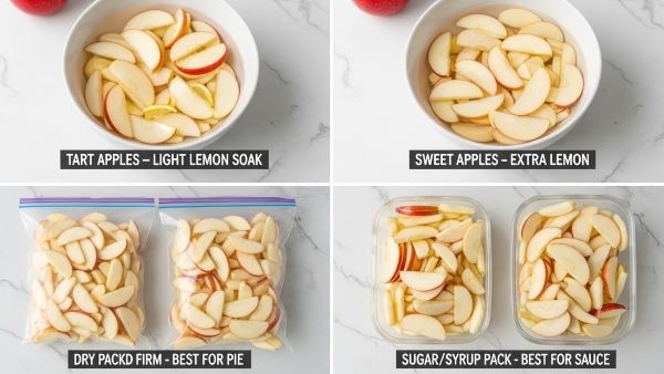 Apple slices soaking in lemon water and being packed for freezing, showing dry-pack for firm pie apples and sugar or syrup pack for softer sauce apples.