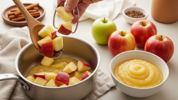 Frozen McIntosh, Golden Delicious, and Gala apples softening in a pan to make smooth, golden applesauce, with whole apples nearby for reference.