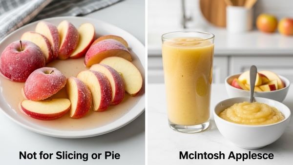 Thawed Red Delicious, Gala, and McIntosh apples looking mushy next to smoothies and applesauce made from the same apples, showing better uses after freezing.