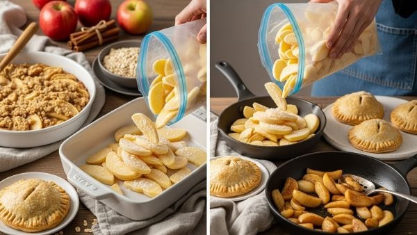 Frozen apple slices used directly in baking and cooking without thawing, showing easy no-thaw apple recipes.