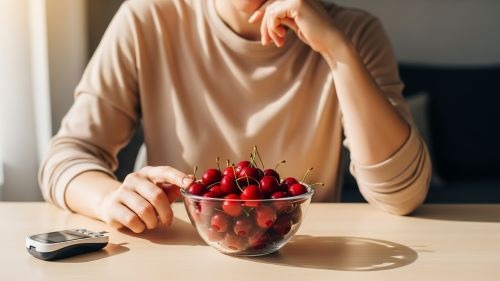 A person practicing self-control by resisting a bowl of tempting red cherries, with a blood sugar monitor visible, symbolizing strength in managing diabetes.