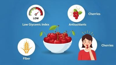 An infographic-style illustration showing the nutritional benefits of cherries for diabetes, with icons for low glycemic index, antioxidants, fiber, and a happy person eating a small handful of cherries.