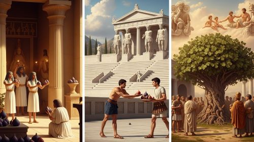 Ancient Egyptian, Greek, and Roman scenes showing figs as sacred gifts, athlete prizes, and the legendary Ficus Ruminalis fig tree linked to the founding of Rome.