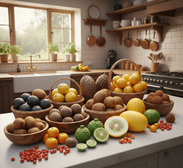 Fruits that start with K, including Kiwifruit and Kumquats, displayed on a clean kitchen counter.