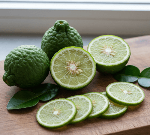 “whole and sliced kaffir lime fruit.”