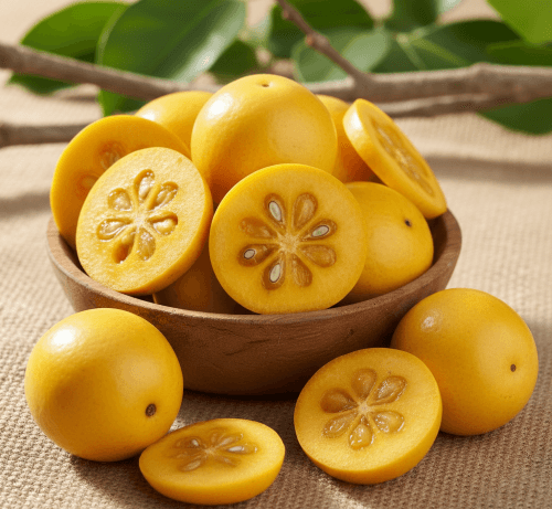 fresh yellow kandis fruits”
in a brown bowl some are sliced