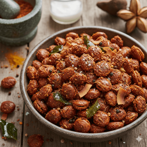 Roasted Kapok Seed Mix with spices and coconut oil. in a bowl spices and salt on the table of a kitchen ,