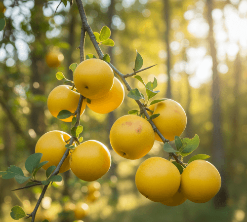 “yellow kei apples on tree” green forest background