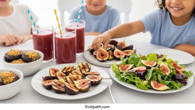 Kid-friendly fresh fig recipes including grilled figs, salad, smoothie, and baked figs.