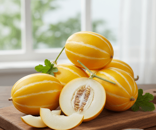 “yellow Korean melon with white stripes”