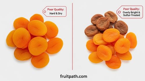 "Comparison showing why to avoid cheap unknown dried apricots – might have additives or be old, choose quality for best taste"
