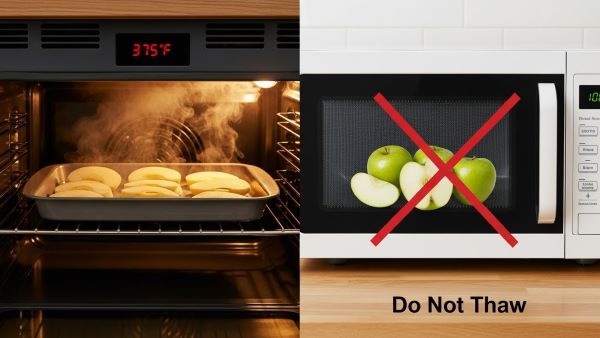 Frozen apples added directly to a preheated oven, with a crossed-out microwave showing why apples should never be thawed first.