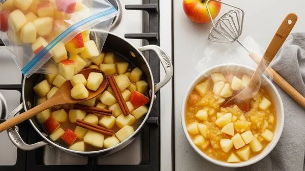 Frozen apple chunks simmering in a pot and turning into chunky applesauce without thawing.