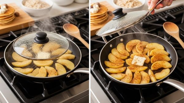 Frozen apple slices steaming in a skillet, then caramelized with cinnamon and sugar for stovetop apples.