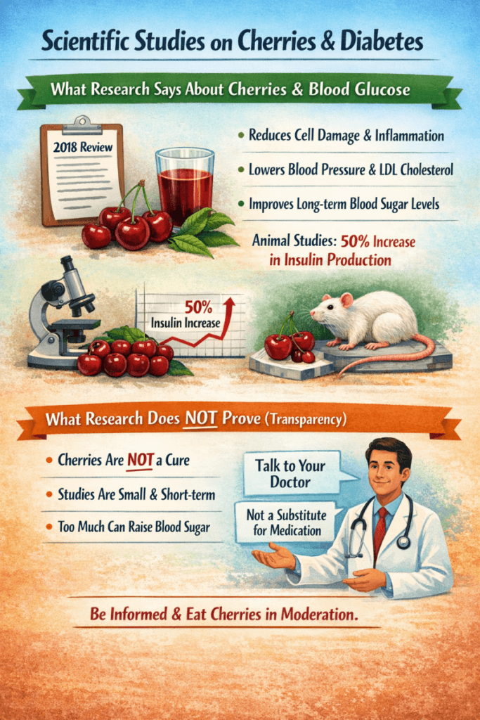 Infographic titled “Scientific Studies on Cherries & Diabetes” showing cherries, tart cherry juice, a research clipboard, microscope, and a mouse illustration. It lists benefits like reduced inflammation, lower blood pressure and LDL cholesterol, improved long-term blood sugar, and a 50% insulin increase in animal studies, plus warnings that cherries are not a cure, studies are small, too much can raise blood sugar, and to talk to a doctor.