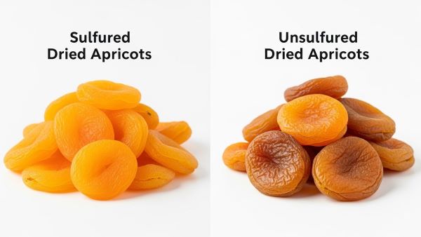 Bright orange sulfured dried apricots compared with brown unsulfured dried apricots.