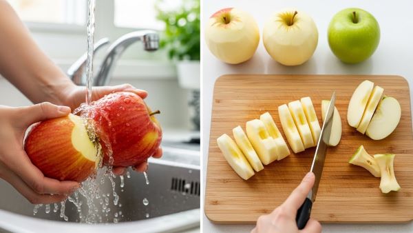 Washing, peeling, coring, and slicing apples evenly before freezing