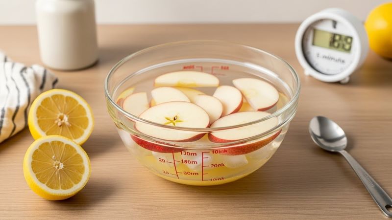 Soaking apple slices in lemon water to prevent browning before freezing