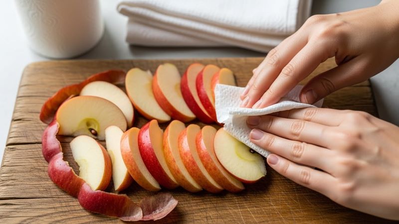 Drying apple slices thoroughly with paper towels before freezing