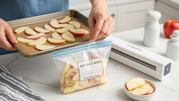 Packing and sealing frozen apple slices in freezer bags to prevent freezer burn