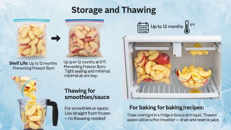 Illustration showing frozen apple storage and thawing tips: Up to 12 months shelf life at 0°F with tight sealing to prevent freezer burn; use frozen apples directly for smoothies or sauce; thaw overnight in fridge for baking, catching excess liquid from softer thawed apples."