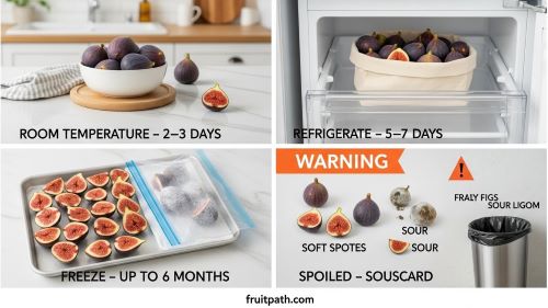 Collage showing how to store fresh figs at room temperature, in the fridge, frozen for long storage, and how to spot spoiled figs.