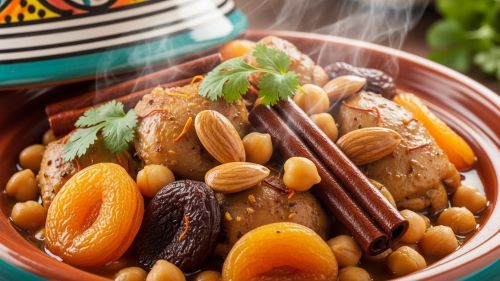 "Moroccan chicken tagine with dried apricots and spices, creating a sweet-savory sauce perfect over couscous"