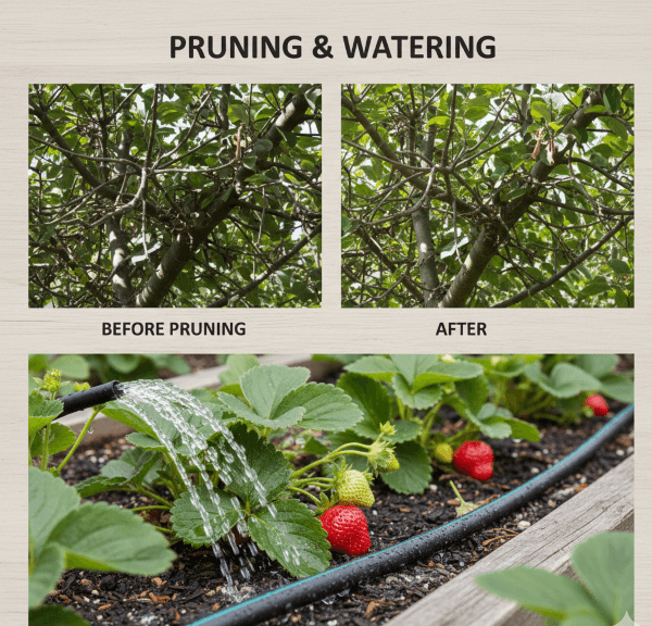 Proper pruning and watering techniques for healthy fruit trees and bushes