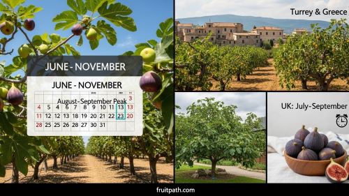 Fig season collage showing harvest times in California, Turkey and Greece, and the UK with fresh figs highlighting their short seasonal availability.