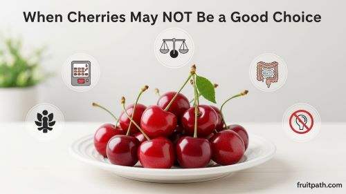 Plate of cherries surrounded by icons for blood sugar, portion control, digestion, and allergies, illustrating situations where cherries may not be suitable for some people.